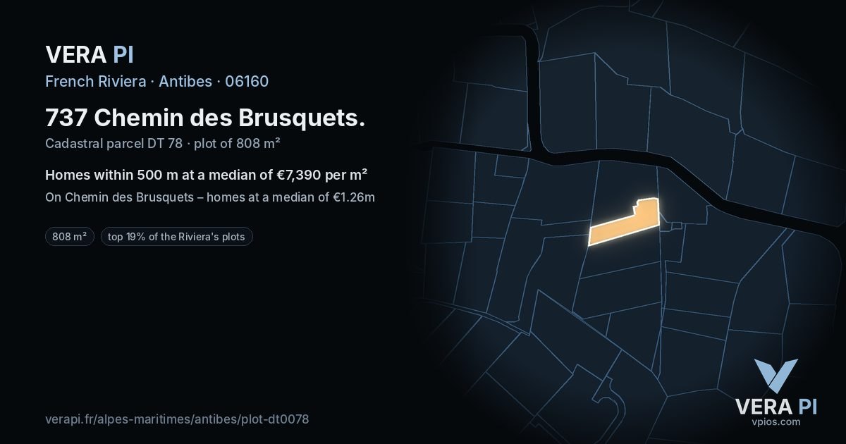 737 Chemin des Brusquets, Antibes at night – the plot lit, the parcels around coloured by the prices near them