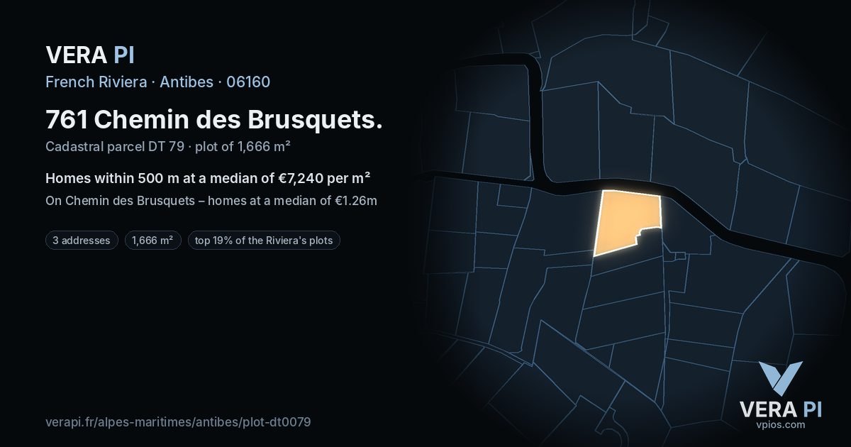 761 Chemin des Brusquets, Antibes at night – the plot lit, the parcels around coloured by the prices near them