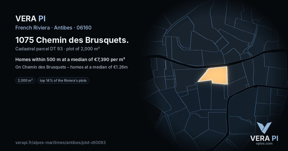 1075 Chemin des Brusquets, Antibes at night – the plot lit, the parcels around coloured by the prices near them