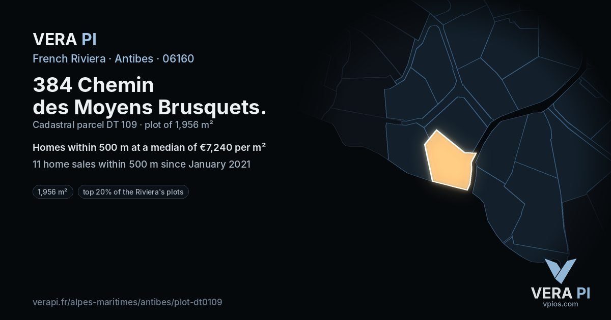 384 Chemin des Moyens Brusquets, Antibes at night – the plot lit, the parcels around coloured by the prices near them