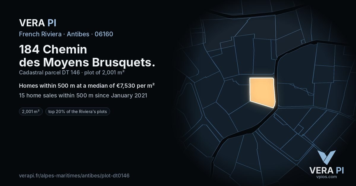 184 Chemin des Moyens Brusquets, Antibes at night – the plot lit, the parcels around coloured by the prices near them