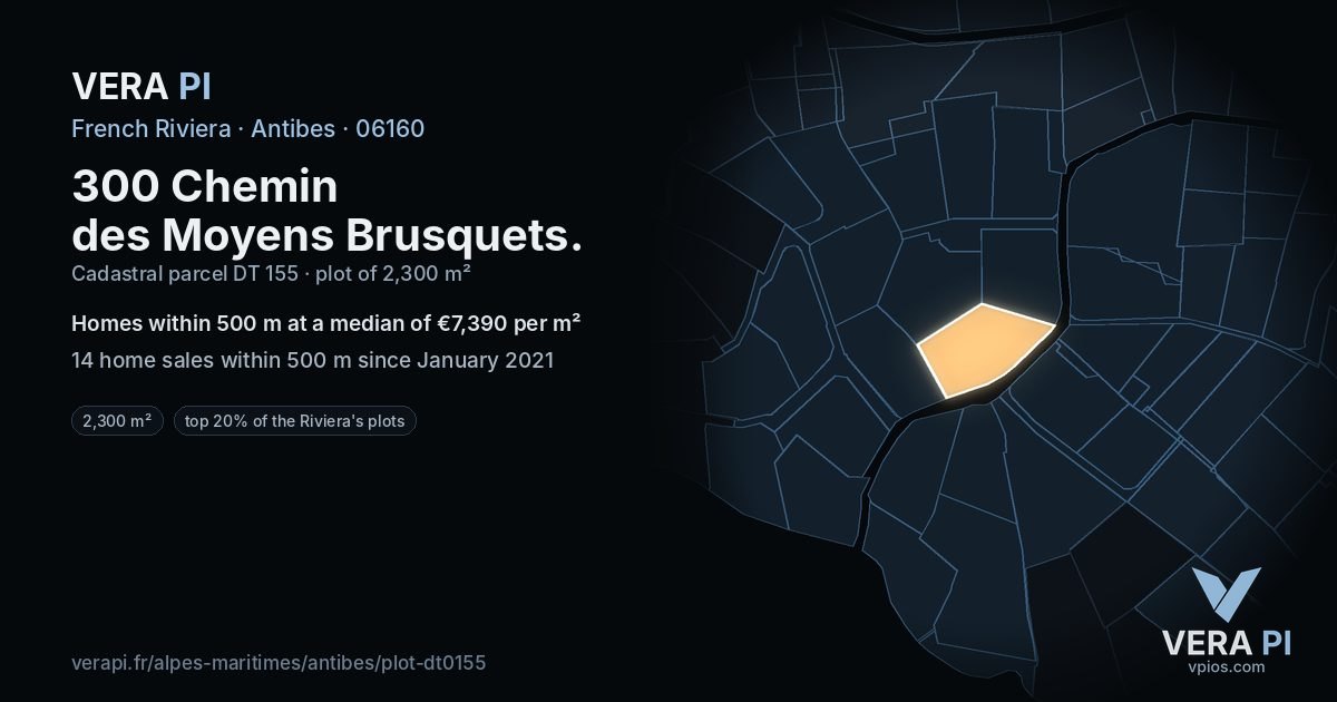 300 Chemin des Moyens Brusquets, Antibes at night – the plot lit, the parcels around coloured by the prices near them