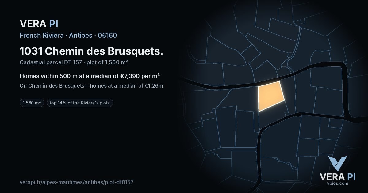 1031 Chemin des Brusquets, Antibes at night – the plot lit, the parcels around coloured by the prices near them