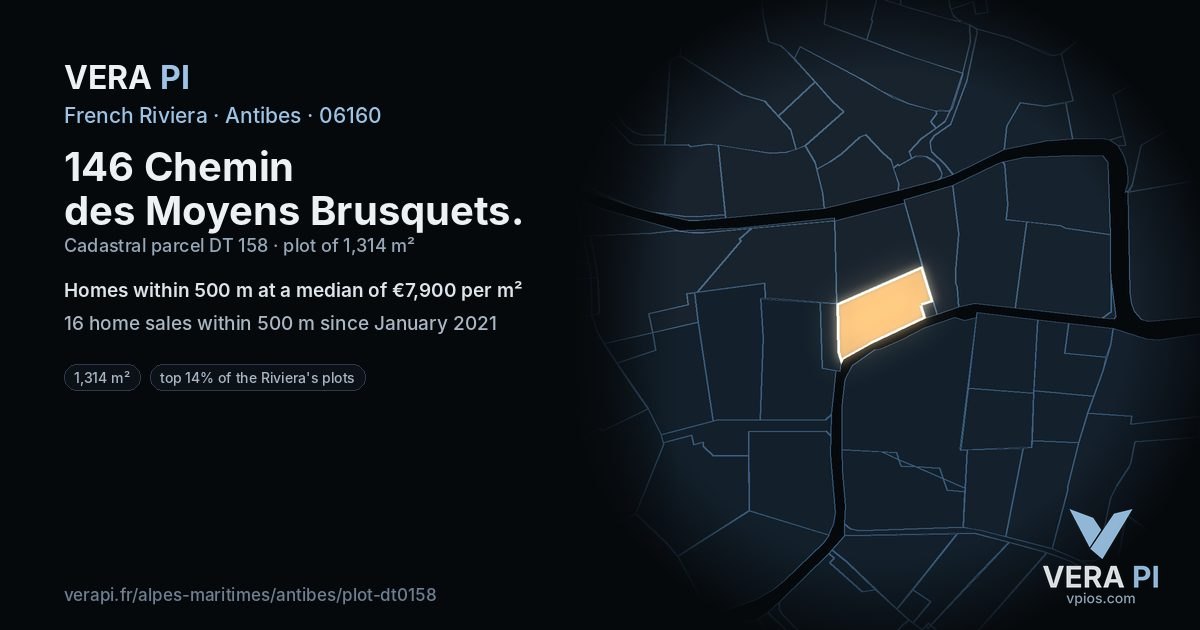 146 Chemin des Moyens Brusquets, Antibes at night – the plot lit, the parcels around coloured by the prices near them