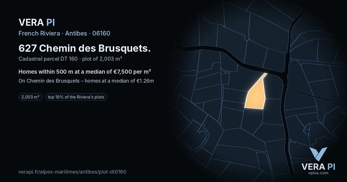 627 Chemin des Brusquets, Antibes at night – the plot lit, the parcels around coloured by the prices near them