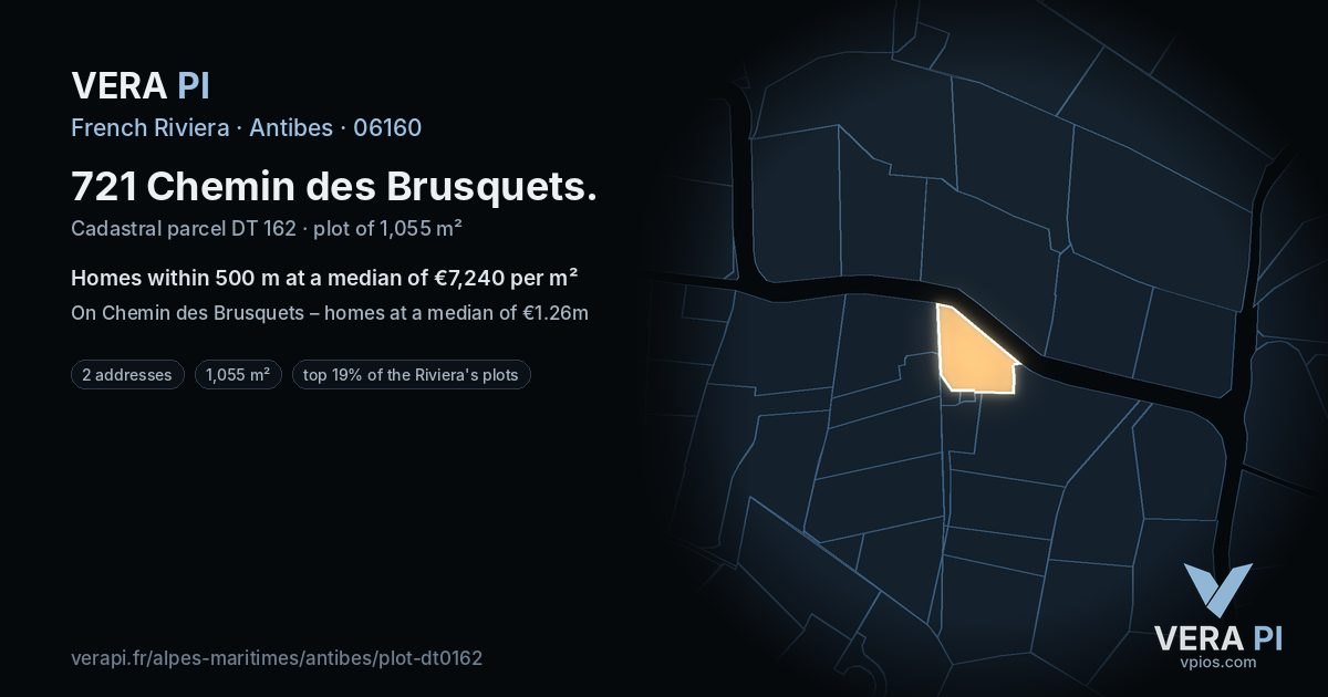 721 Chemin des Brusquets, Antibes at night – the plot lit, the parcels around coloured by the prices near them