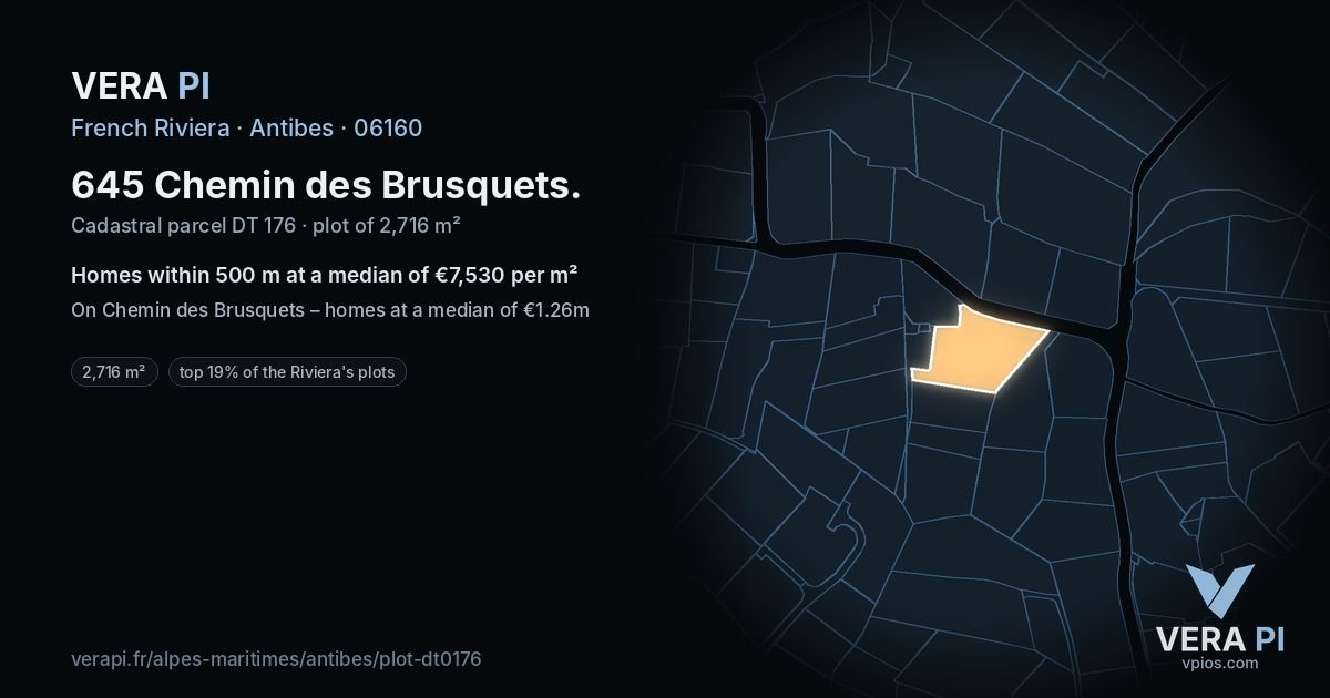 645 Chemin des Brusquets, Antibes at night – the plot lit, the parcels around coloured by the prices near them