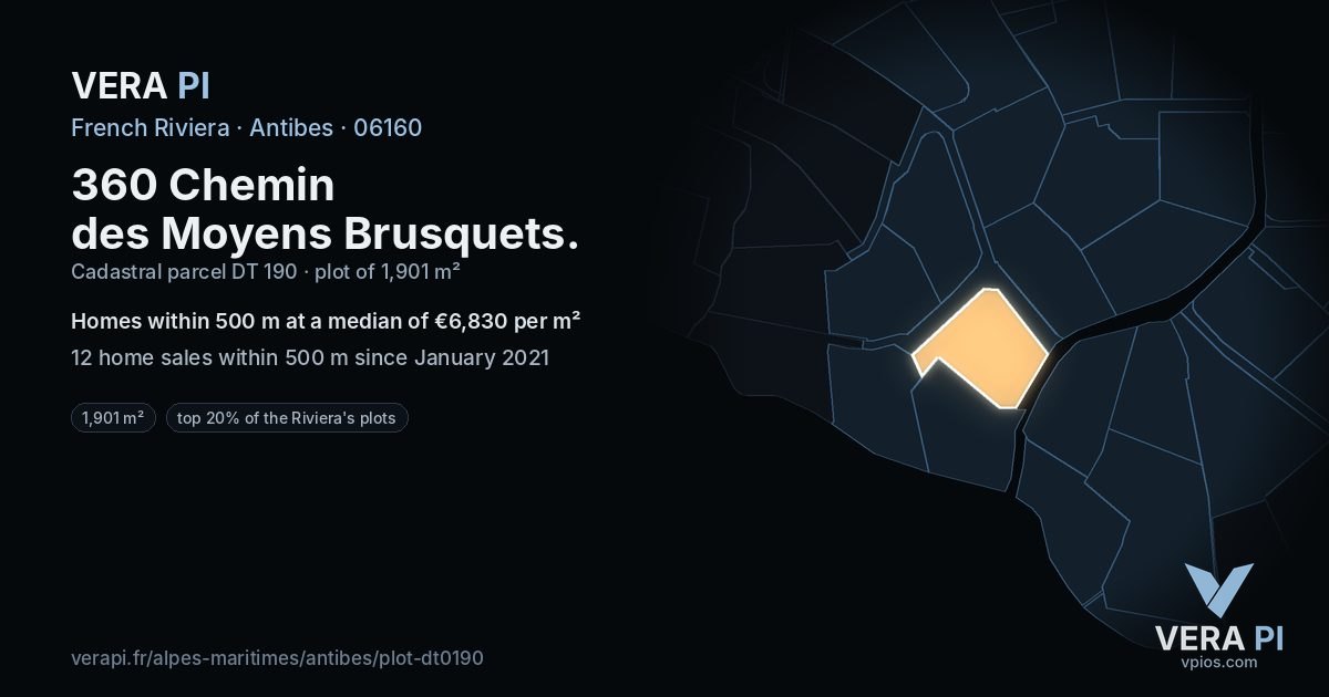 360 Chemin des Moyens Brusquets, Antibes at night – the plot lit, the parcels around coloured by the prices near them
