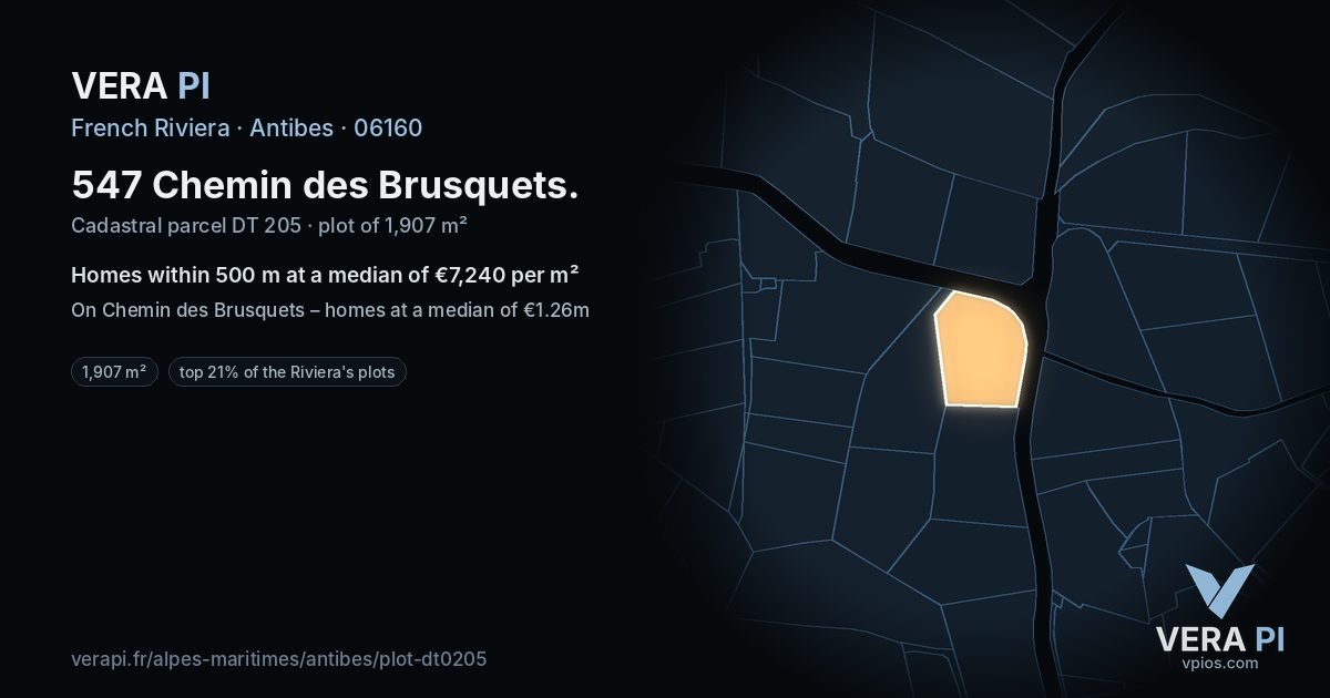 547 Chemin des Brusquets, Antibes at night – the plot lit, the parcels around coloured by the prices near them
