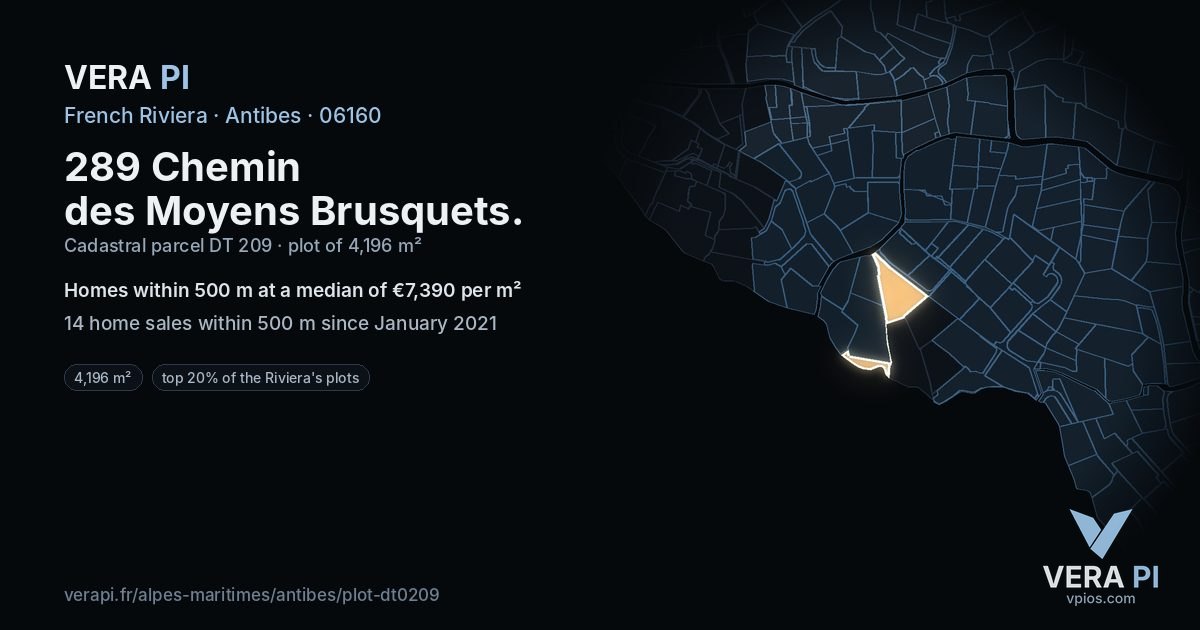 289 Chemin des Moyens Brusquets, Antibes at night – the plot lit, the parcels around coloured by the prices near them