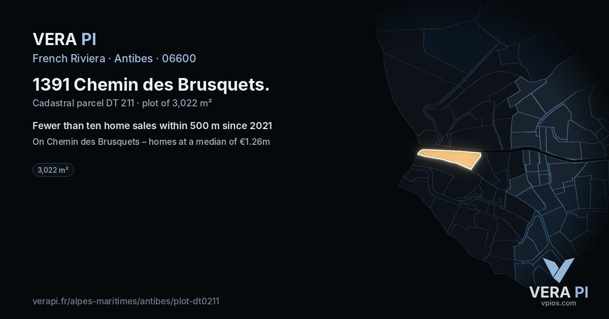 1391 Chemin des Brusquets, Antibes at night – the plot lit, the parcels around coloured by the prices near them