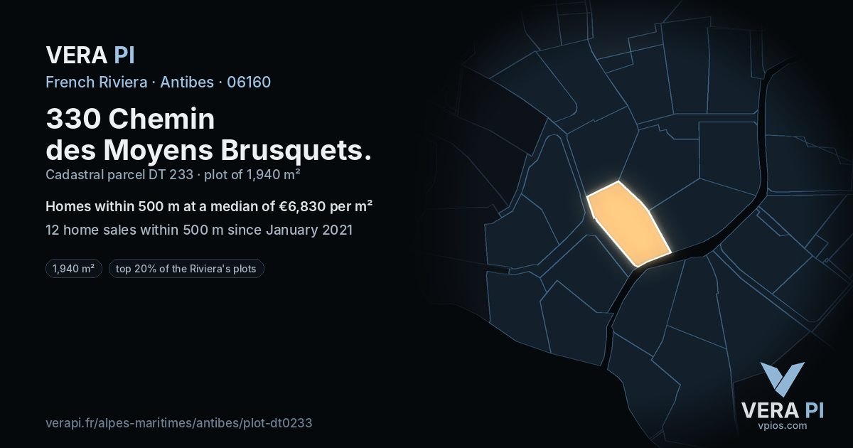 330 Chemin des Moyens Brusquets, Antibes at night – the plot lit, the parcels around coloured by the prices near them