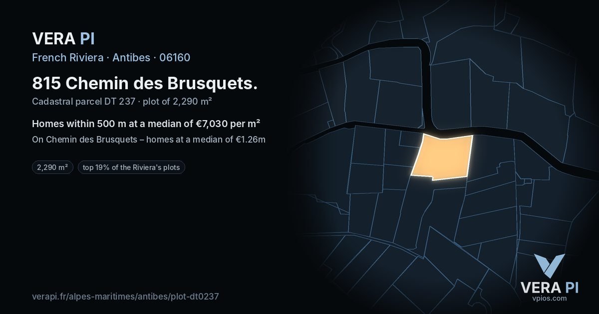 815 Chemin des Brusquets, Antibes at night – the plot lit, the parcels around coloured by the prices near them