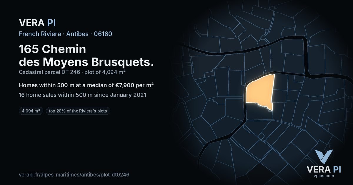 165 Chemin des Moyens Brusquets, Antibes at night – the plot lit, the parcels around coloured by the prices near them