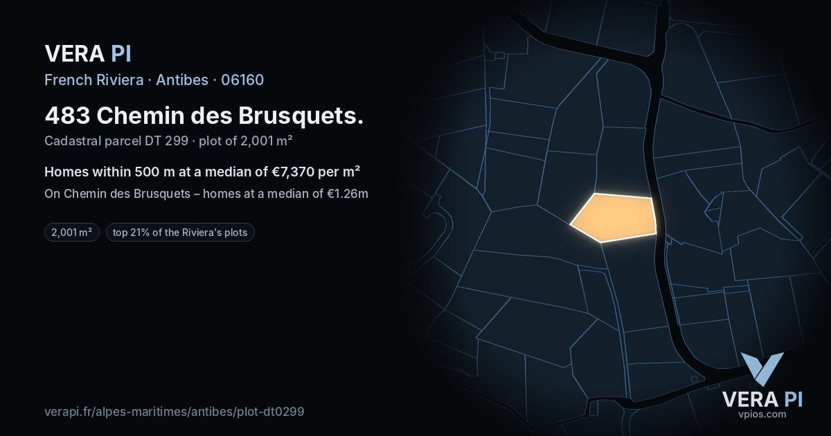 483 Chemin des Brusquets, Antibes at night – the plot lit, the parcels around coloured by the prices near them