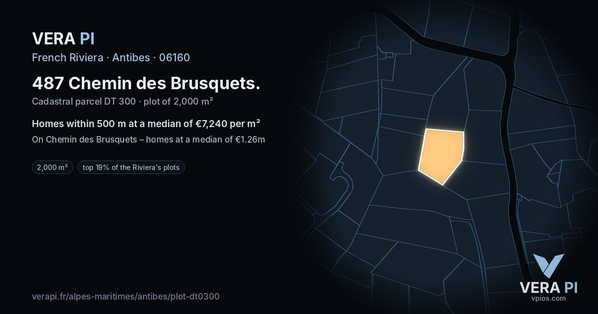 487 Chemin des Brusquets, Antibes at night – the plot lit, the parcels around coloured by the prices near them