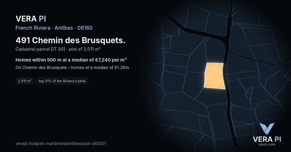 491 Chemin des Brusquets, Antibes at night – the plot lit, the parcels around coloured by the prices near them
