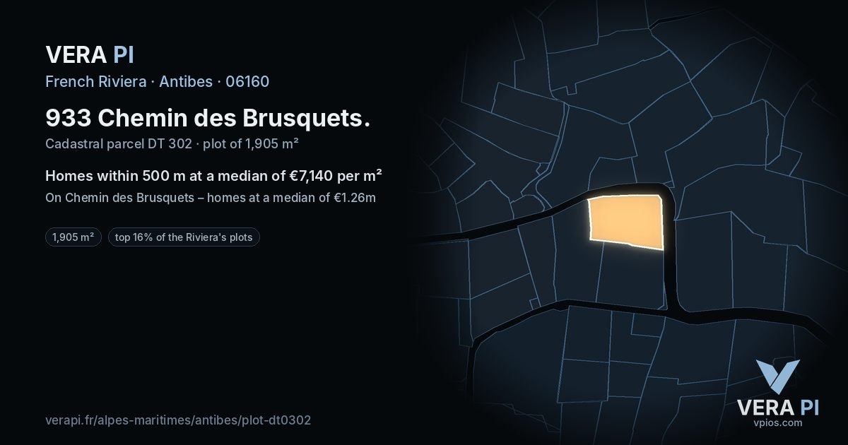 933 Chemin des Brusquets, Antibes at night – the plot lit, the parcels around coloured by the prices near them