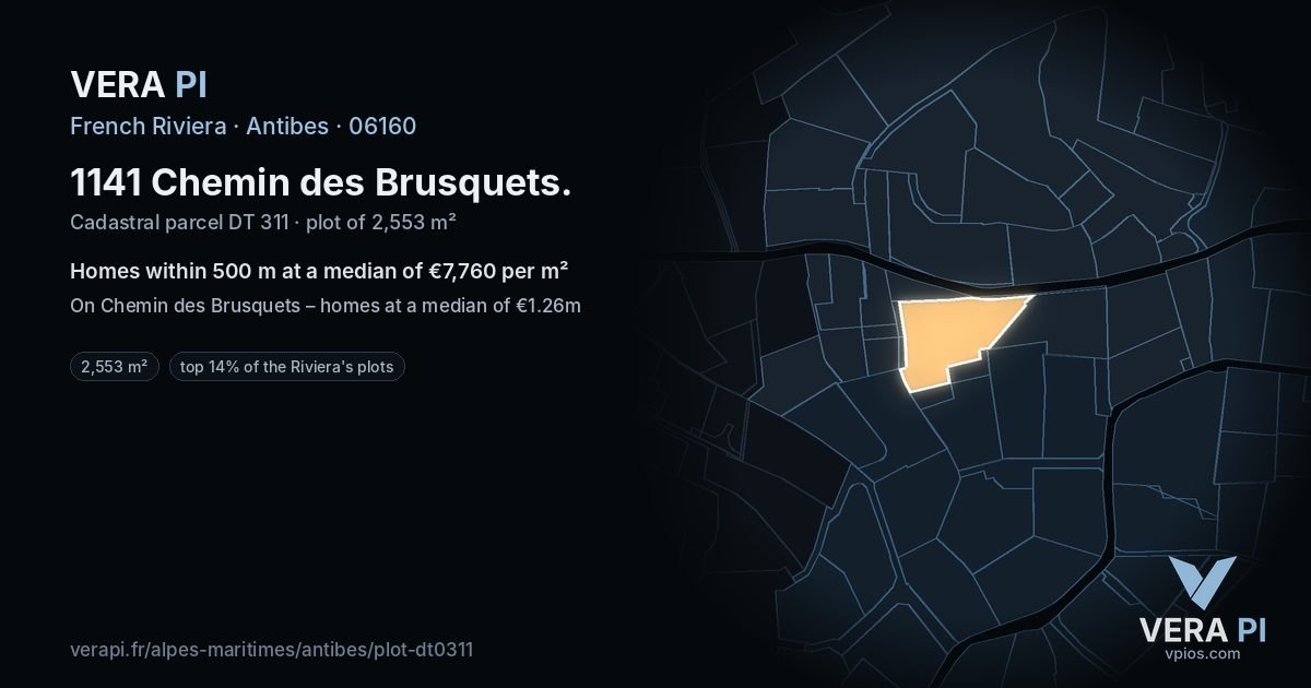 1141 Chemin des Brusquets, Antibes at night – the plot lit, the parcels around coloured by the prices near them
