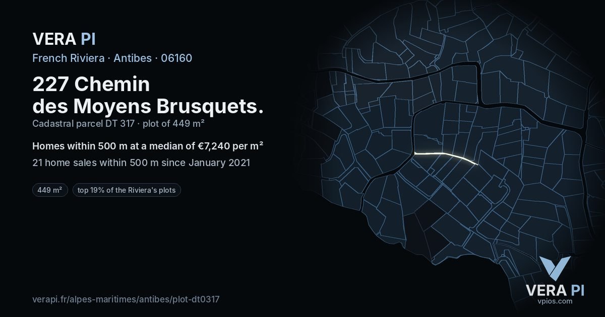 227 Chemin des Moyens Brusquets, Antibes at night – the plot lit, the parcels around coloured by the prices near them