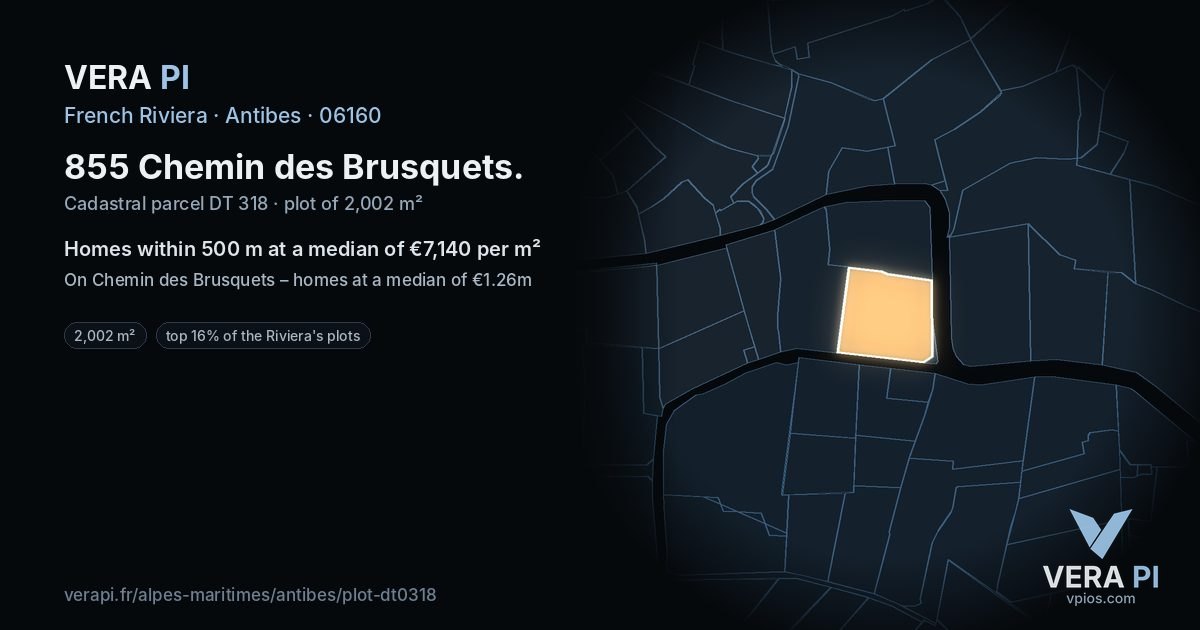 855 Chemin des Brusquets, Antibes at night – the plot lit, the parcels around coloured by the prices near them