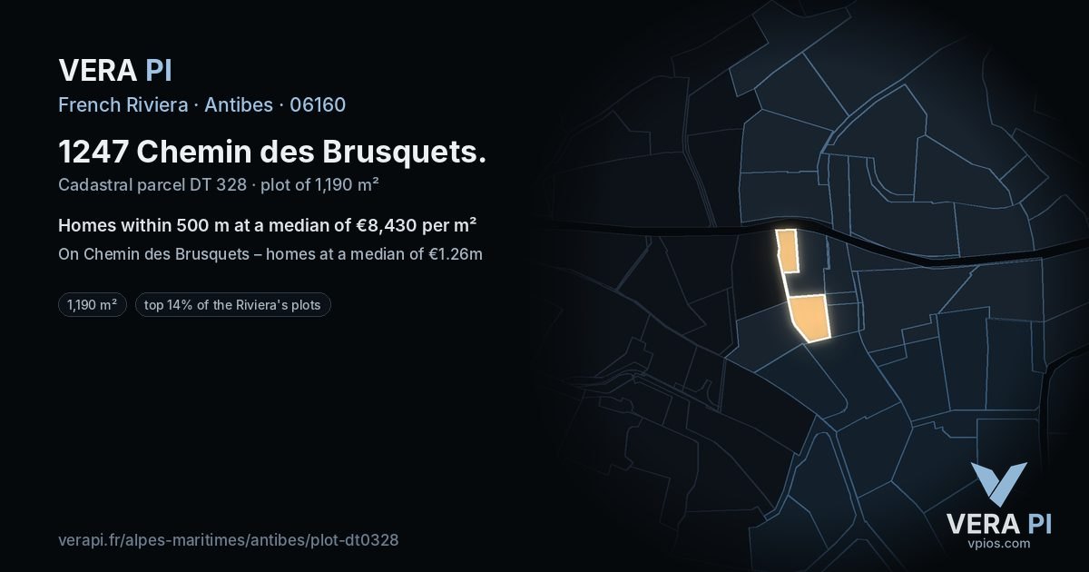 1247 Chemin des Brusquets, Antibes at night – the plot lit, the parcels around coloured by the prices near them