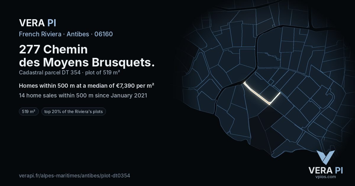 277 Chemin des Moyens Brusquets, Antibes at night – the plot lit, the parcels around coloured by the prices near them
