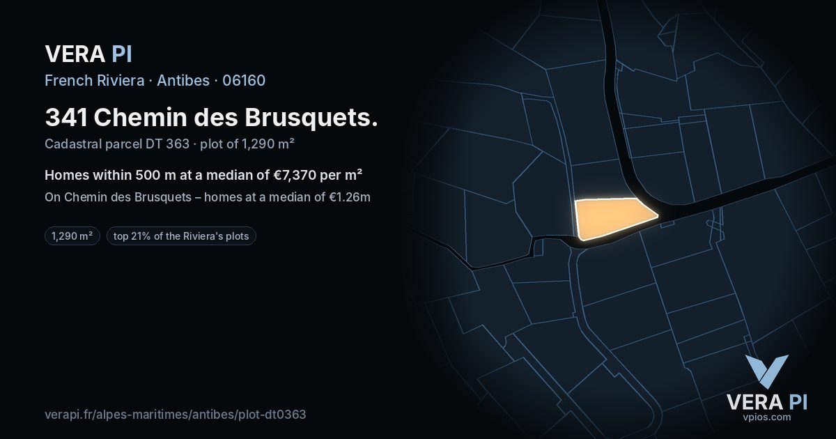 341 Chemin des Brusquets, Antibes at night – the plot lit, the parcels around coloured by the prices near them