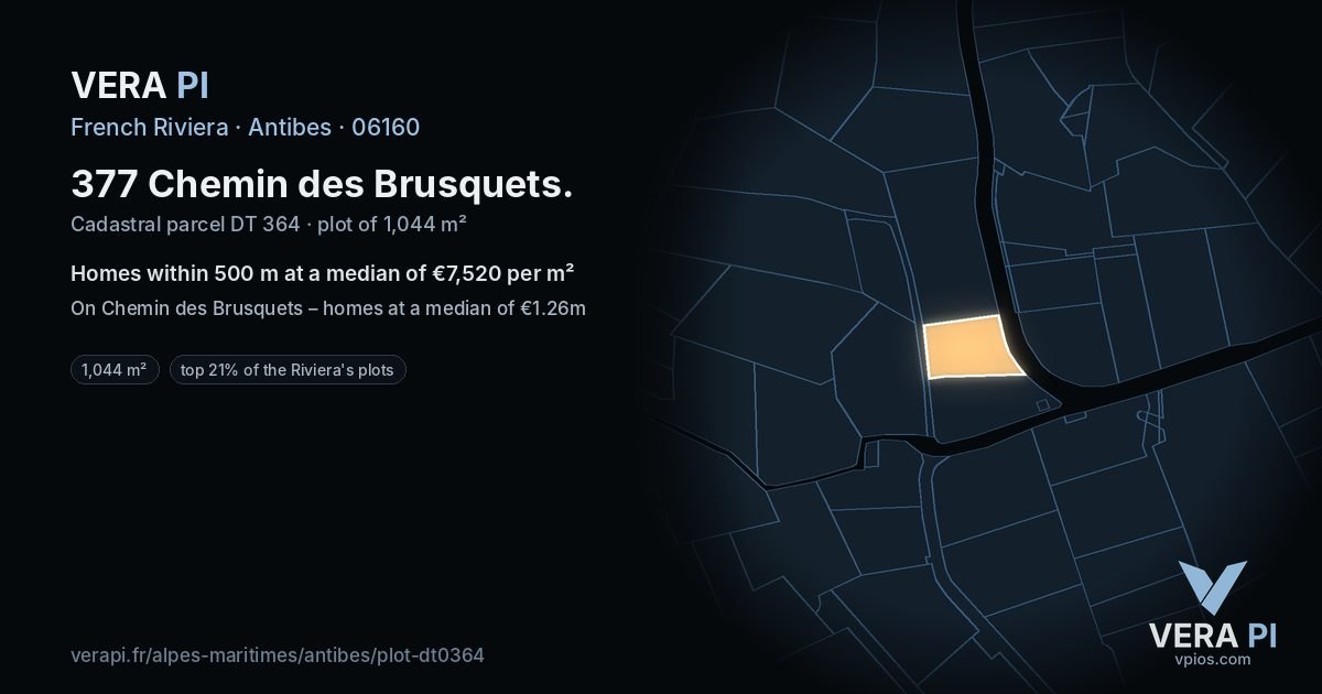 377 Chemin des Brusquets, Antibes at night – the plot lit, the parcels around coloured by the prices near them
