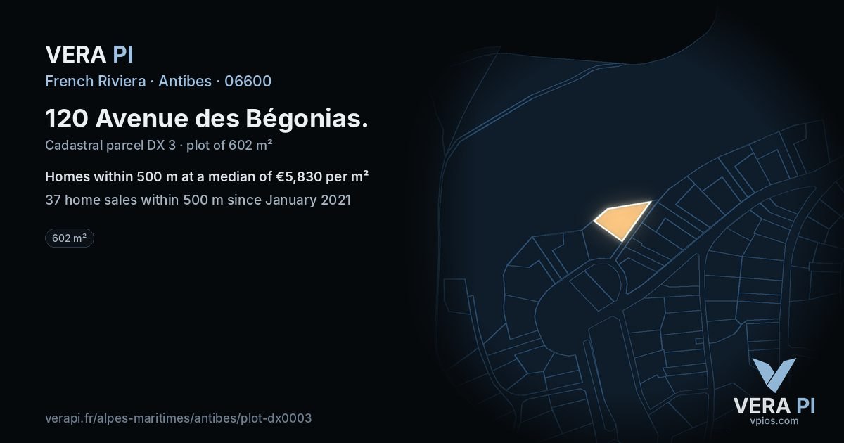 120 Avenue des Bégonias, Antibes at night – the plot lit, the parcels around coloured by the prices near them