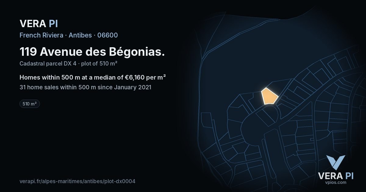 119 Avenue des Bégonias, Antibes at night – the plot lit, the parcels around coloured by the prices near them
