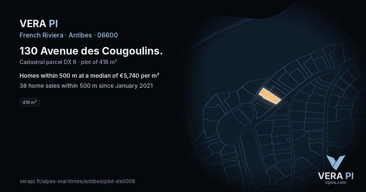 130 Avenue des Cougoulins, Antibes at night – the plot lit, the parcels around coloured by the prices near them