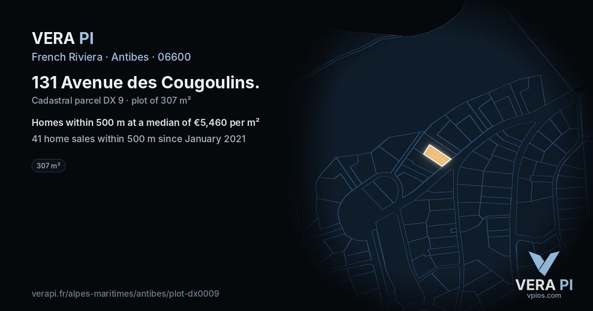 131 Avenue des Cougoulins, Antibes at night – the plot lit, the parcels around coloured by the prices near them