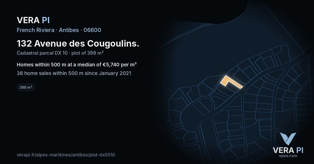 132 Avenue des Cougoulins, Antibes at night – the plot lit, the parcels around coloured by the prices near them