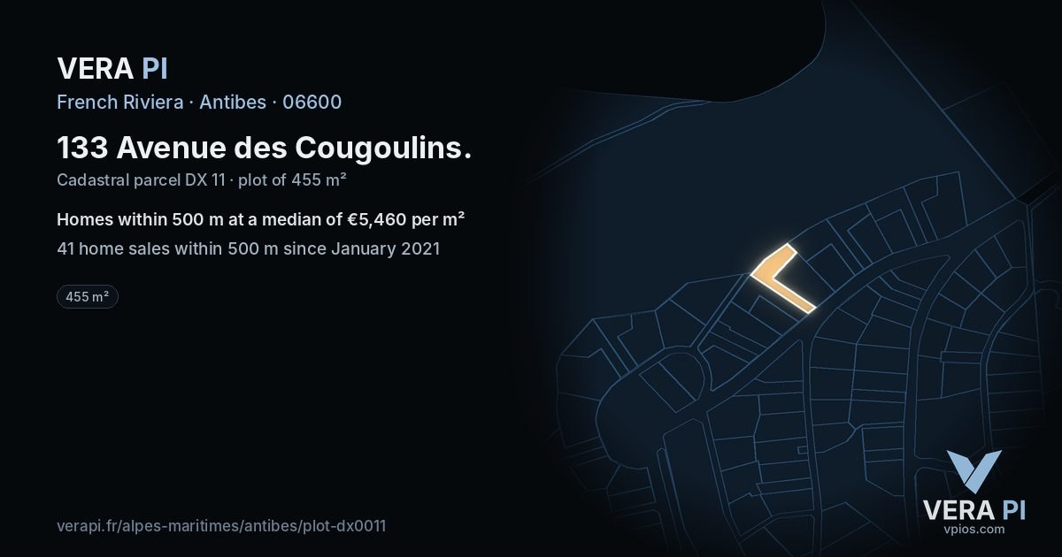 133 Avenue des Cougoulins, Antibes at night – the plot lit, the parcels around coloured by the prices near them