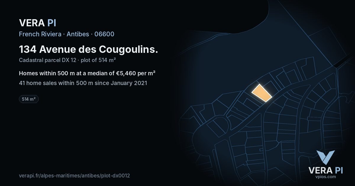 134 Avenue des Cougoulins, Antibes at night – the plot lit, the parcels around coloured by the prices near them