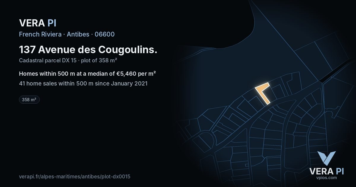 137 Avenue des Cougoulins, Antibes at night – the plot lit, the parcels around coloured by the prices near them
