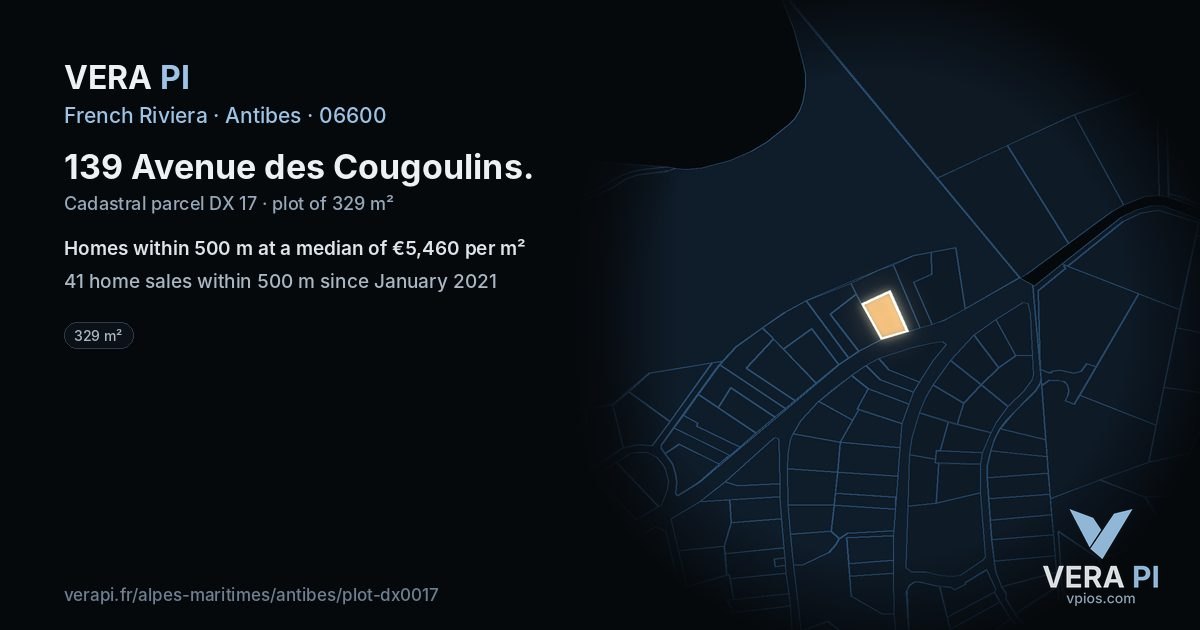 139 Avenue des Cougoulins, Antibes at night – the plot lit, the parcels around coloured by the prices near them