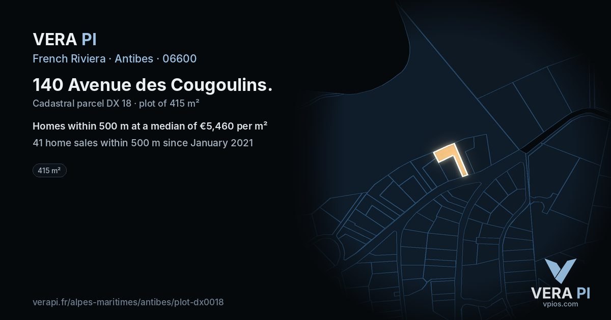140 Avenue des Cougoulins, Antibes at night – the plot lit, the parcels around coloured by the prices near them