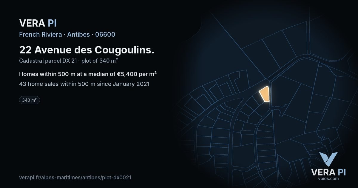 22 Avenue des Cougoulins, Antibes at night – the plot lit, the parcels around coloured by the prices near them