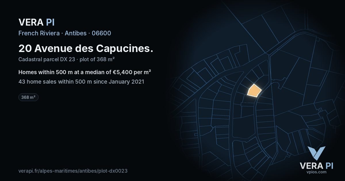 20 Avenue des Capucines, Antibes at night – the plot lit, the parcels around coloured by the prices near them