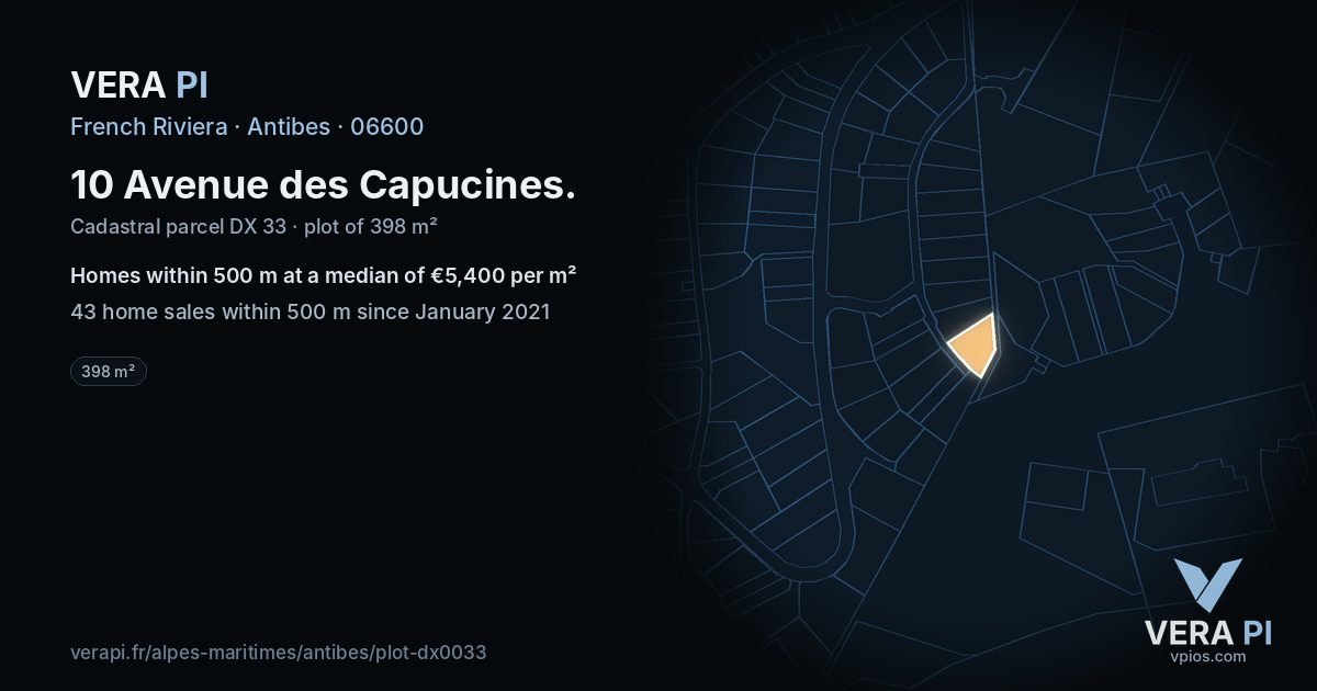 10 Avenue des Capucines, Antibes at night – the plot lit, the parcels around coloured by the prices near them