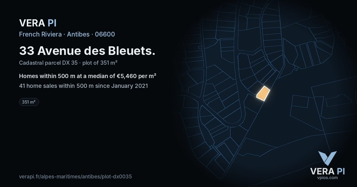 33 Avenue des Bleuets, Antibes at night – the plot lit, the parcels around coloured by the prices near them