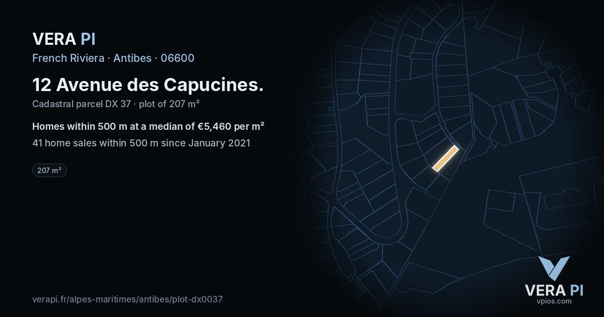 12 Avenue des Capucines, Antibes at night – the plot lit, the parcels around coloured by the prices near them