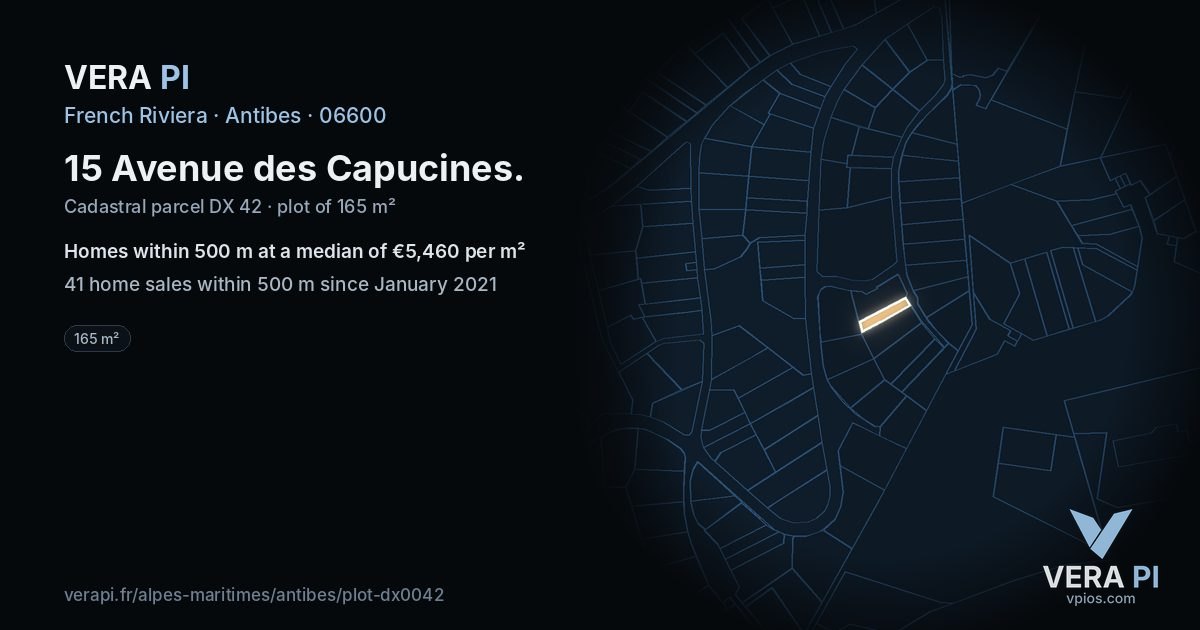15 Avenue des Capucines, Antibes at night – the plot lit, the parcels around coloured by the prices near them