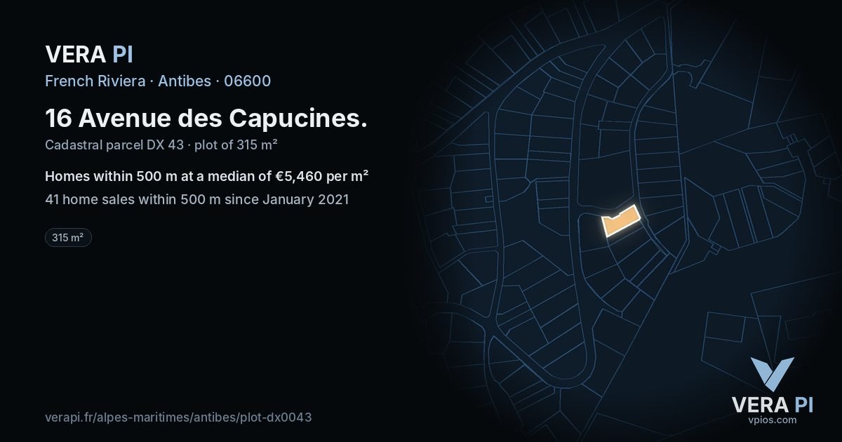 16 Avenue des Capucines, Antibes at night – the plot lit, the parcels around coloured by the prices near them