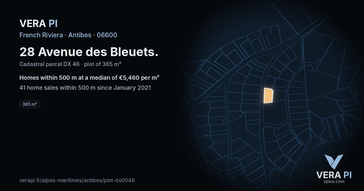 28 Avenue des Bleuets, Antibes at night – the plot lit, the parcels around coloured by the prices near them