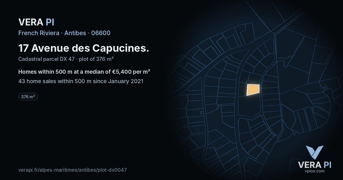 17 Avenue des Capucines, Antibes at night – the plot lit, the parcels around coloured by the prices near them