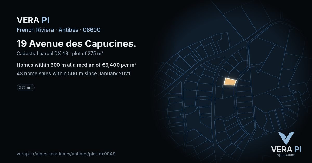 19 Avenue des Capucines, Antibes at night – the plot lit, the parcels around coloured by the prices near them