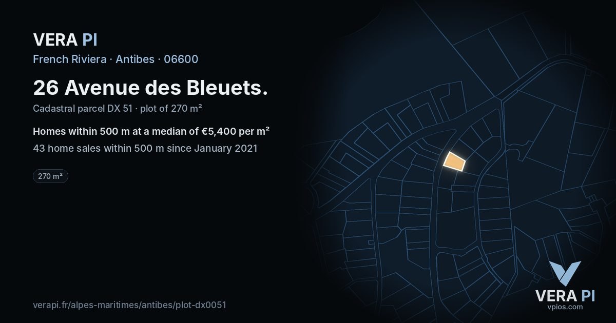 26 Avenue des Bleuets, Antibes at night – the plot lit, the parcels around coloured by the prices near them